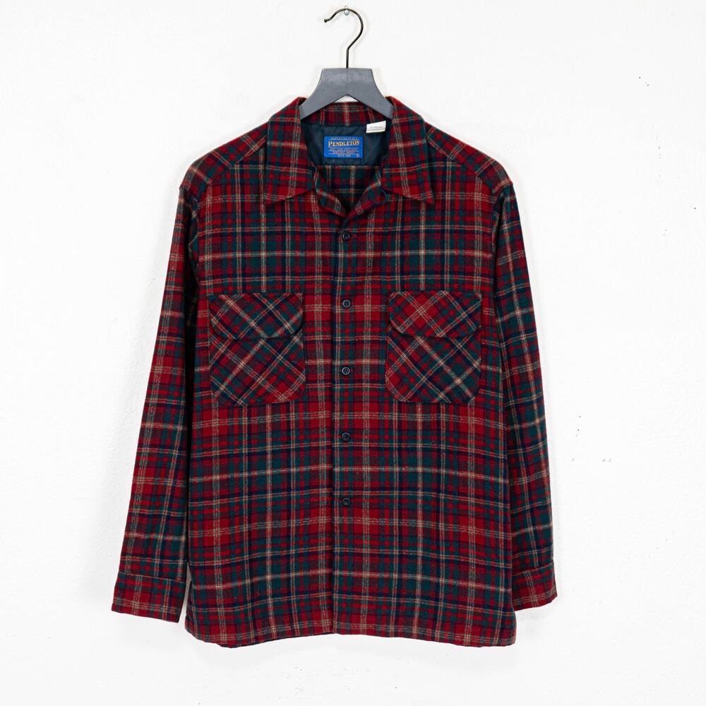 Vintage 90s PENDLETON Wool Flannel Board Shirt Red Green Plaid Large MAde in USA